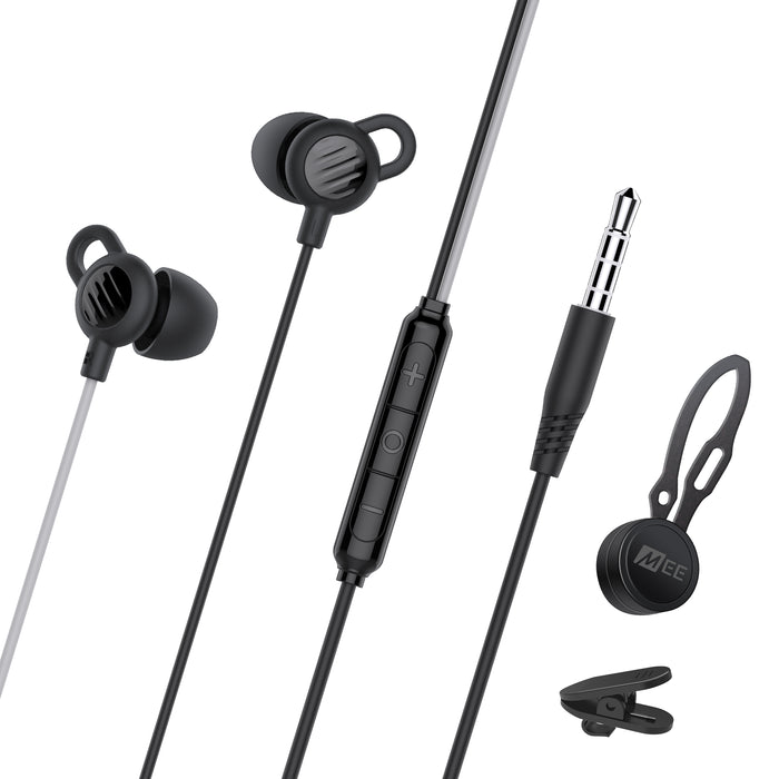 MEE audio SleepTones 3.5mm Wired Sleeping Earbuds for Side Sleepers With Lightweight Low-Profile Silicone Earpieces for a Comfortable Fit, Built-In Mic, & Volume Controls  with a shirt clip on a white background