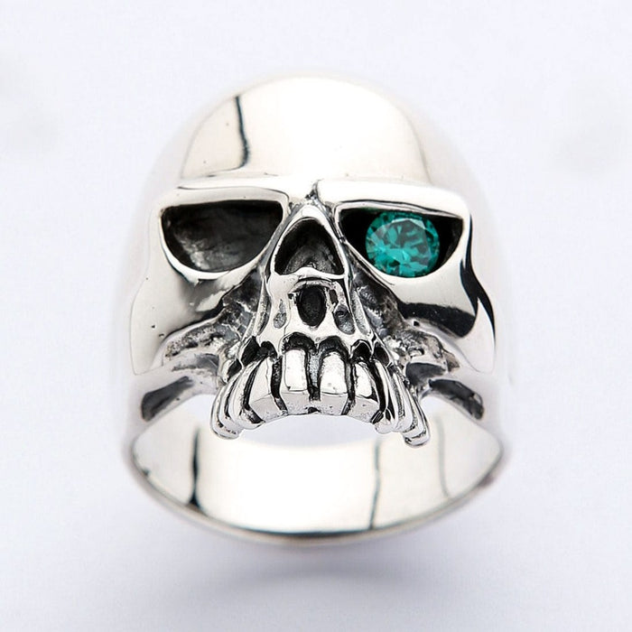 Gothic skull ring front view showing blue topaz eye and detailed teeth design