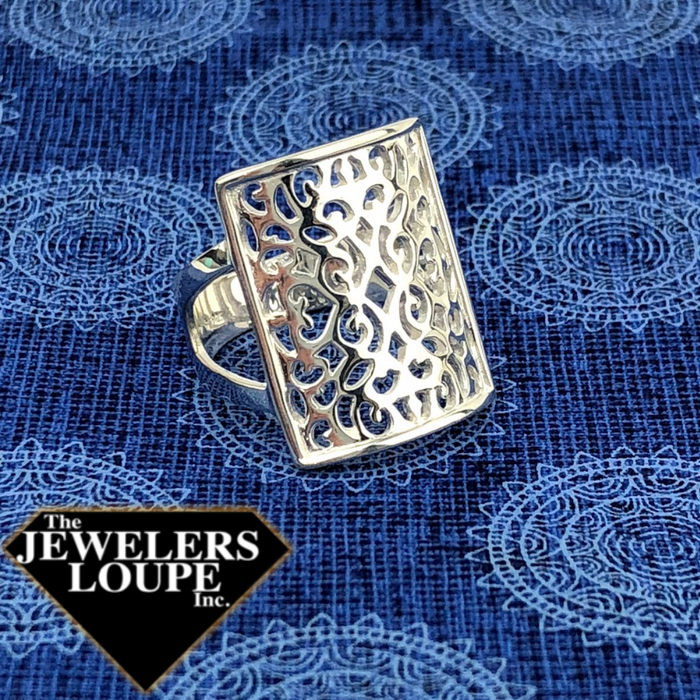 Southern Gates Rectangle Scroll Ring from the Southern Gates® Classic Series  Size 7   Ornamental ironwork found throughout the country has inspired the Southern Gates® Collection.  The delicate designs once forged in iron represent a legacy that continues through the presence of iron gates in cities and towns across the country and around the globe.  The filigree, scroll and tracery patterns found in the Southern Gates® Collection are unique, yet familiar.  The Southern Gates® represent timeles