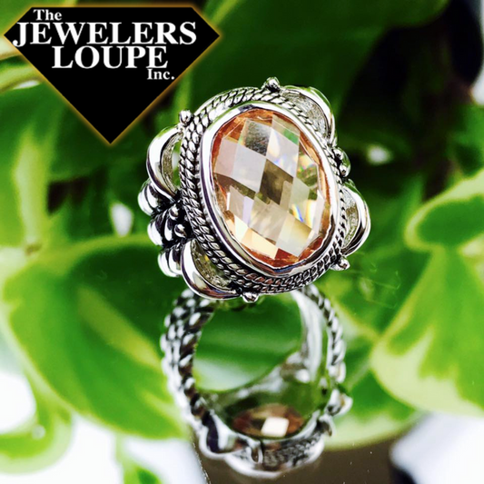 Checkerboard Oval Champagne Colored Cubic Zirconia set in Sterling Silver with Triple Cable Band and Rope Border