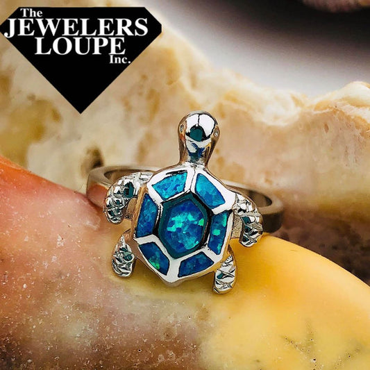 Sterling Silver Simulated Blue Opal Turtle Ring, Size 7.