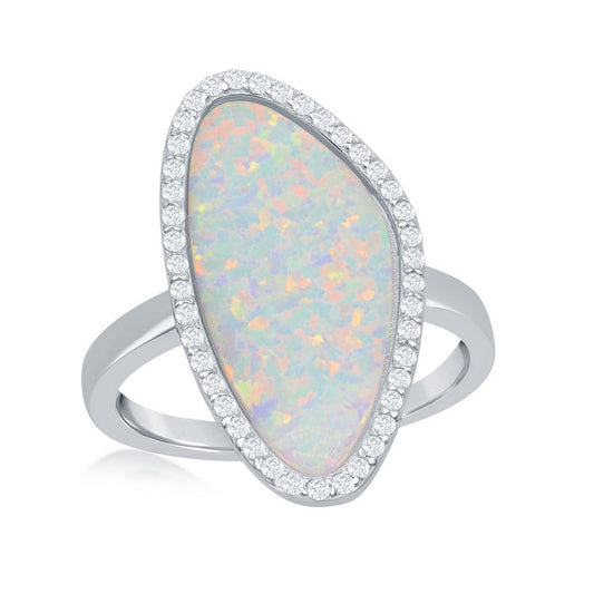 Sterling Silver Created White Opal with CZ Border Ring