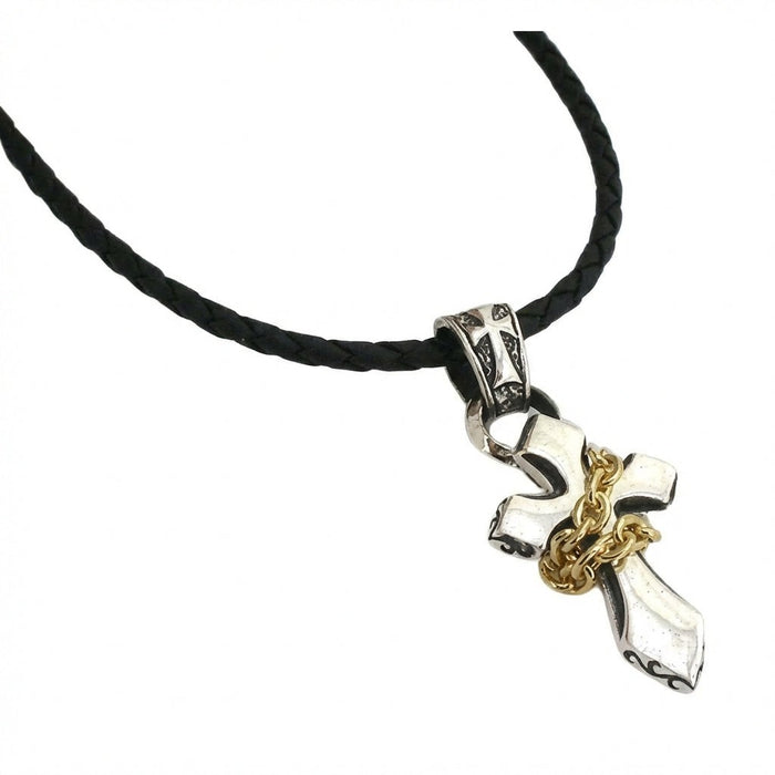 925 sterling silver cross pendant with 14K yellow gold chain on black braided leather necklace front view