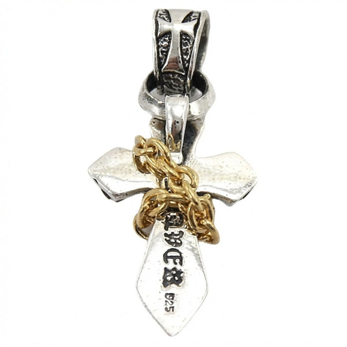 Sterling silver cross pendant with gold chain showing 925 stamp on back