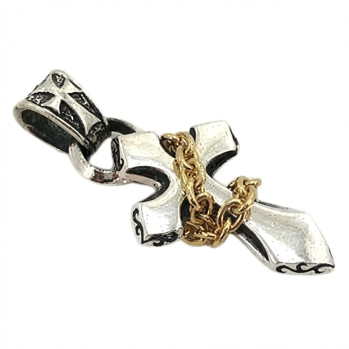 Men's sterling silver cross pendant with 14K gold wrapped chain angled view