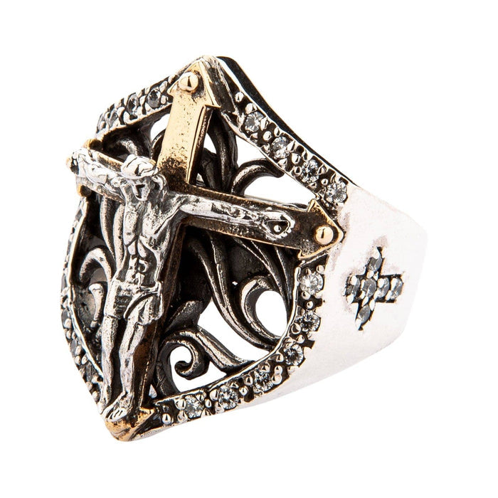 A gothic-style crucifix shield ring for men, featuring openwork scrollwork and a two-tone design.