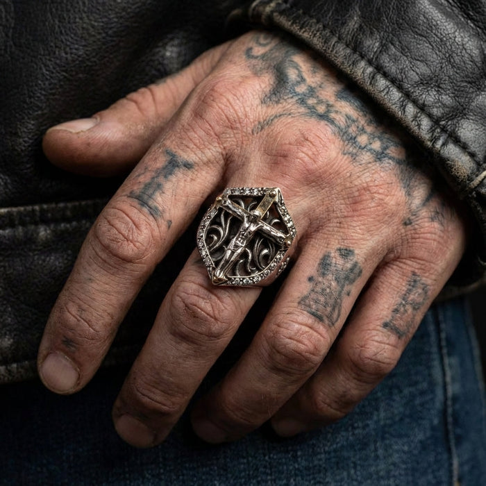 A handcrafted Christian biker ring, designed as a shield of faith in sterling silver.
