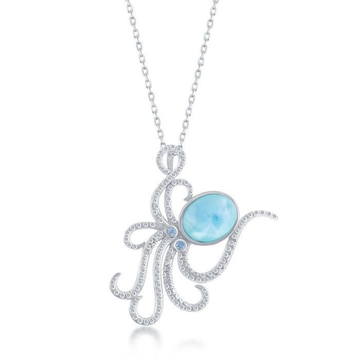 Sterling Silver CZ Octopus and Blue Larimar Necklace