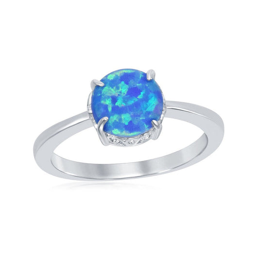 Sterling Silver Four-Prong Round Blue Inlay Created Opal Ring