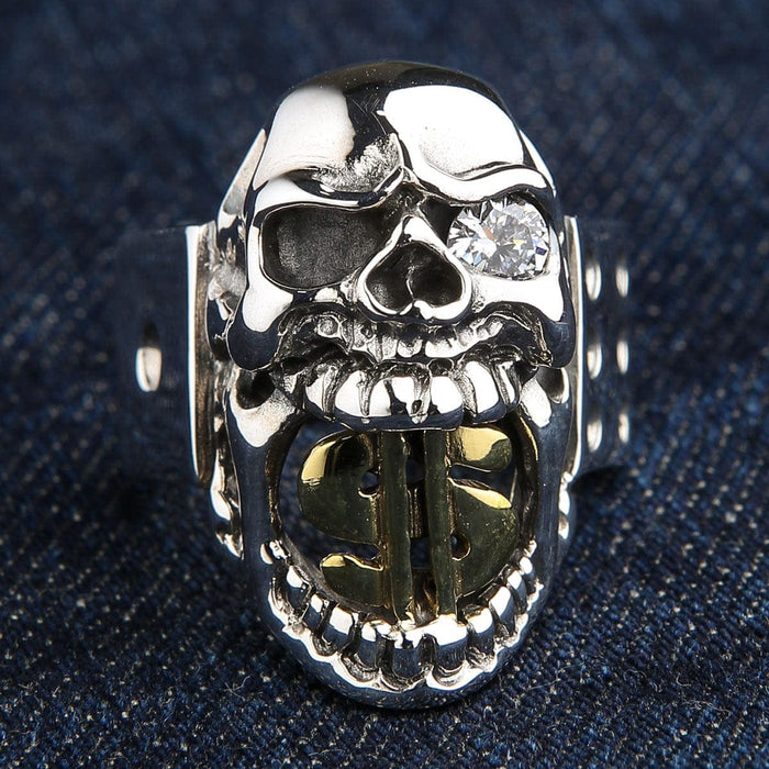 Sterling silver dollar sign skull ring