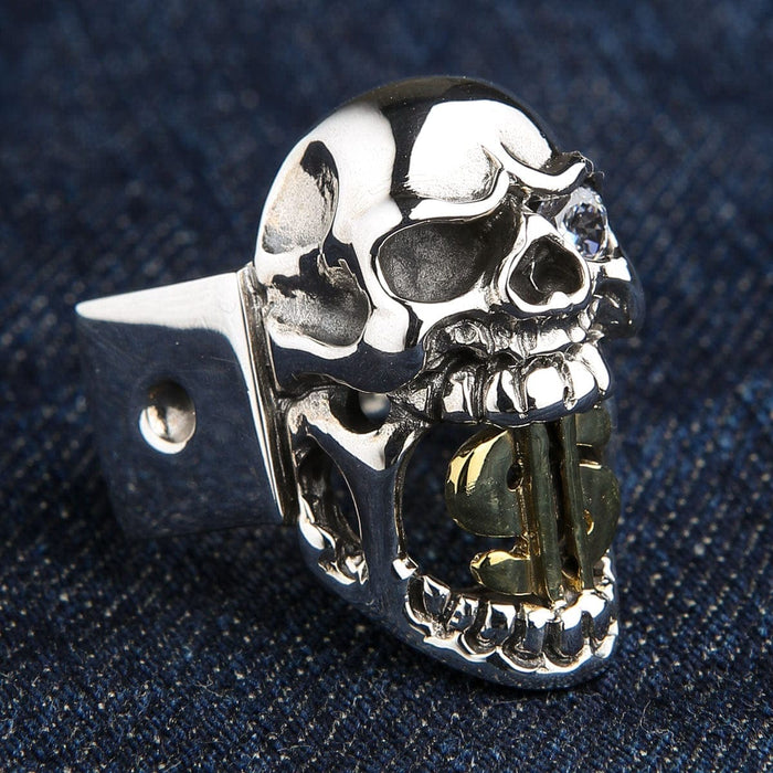 A side profile of the skull ring, showing the unique dice-patterned band.