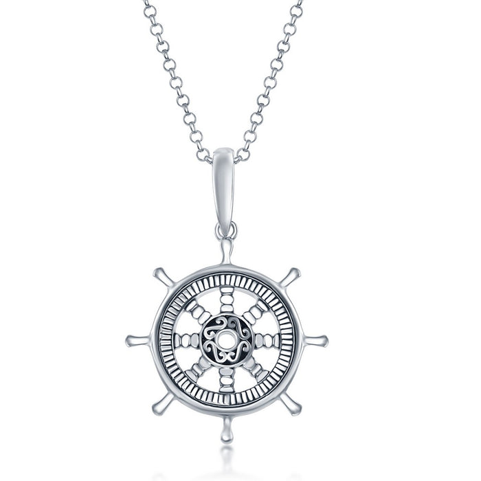 Sterling Silver Oxidized Shipswheel Necklace (94180)