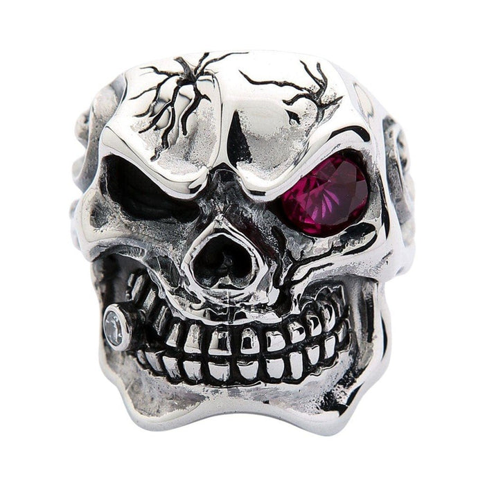 Front view of the Sterling Silver Ruby Red Eye Mafia Skull Ring featuring a cigar clenched in its teeth and cracked skull details