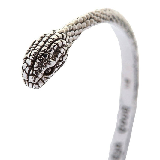 Close-up of handcrafted sterling silver snake head with oxidized scale detailing