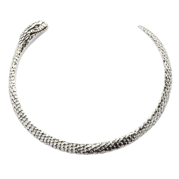 Top view of open cuff silver snake bracelet showing curved shape and scale texture