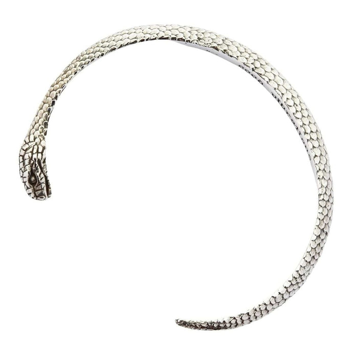 Detailed view of the textured tail end of the silver snake bangle