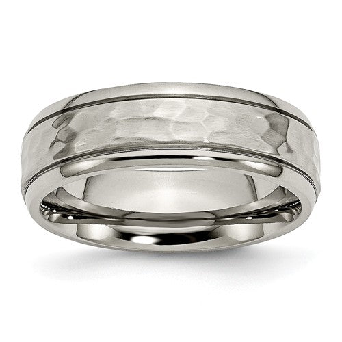 Titanium 7mm Grooved Edge Hammered And Polished Band