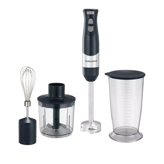 Morphy Richards hand blender with attachments on a white background