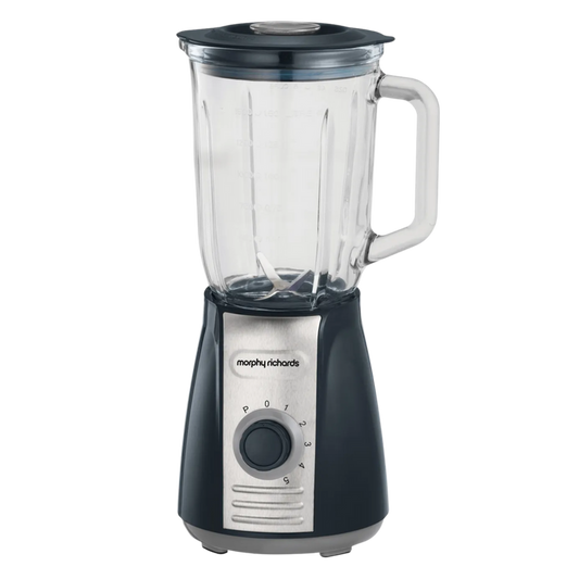 Black and silver Morphy Richards blender on a white background