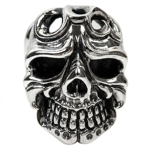 Front view of 925 sterling silver skull ring displaying hollow eye sockets and tribal forehead design