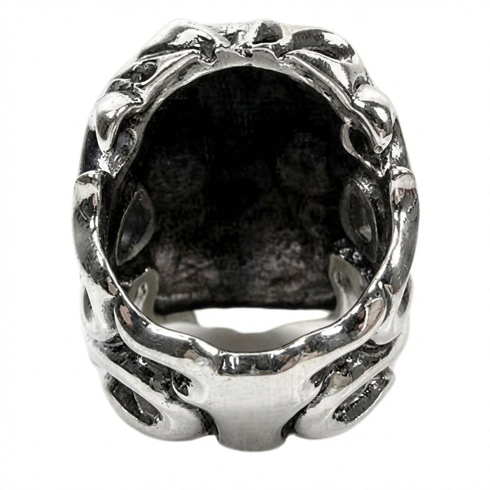 Interior view of tribal skull ring showing hollow skull cavity and smooth inner band for comfort
