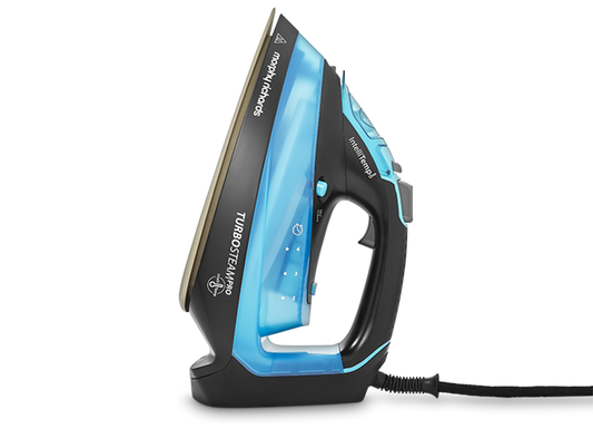 A Morphy Richards Turbosteam 3100W Pro Digital Intellitemp Iron with blue and black colors featuring digital controls and a ceramic soleplate.