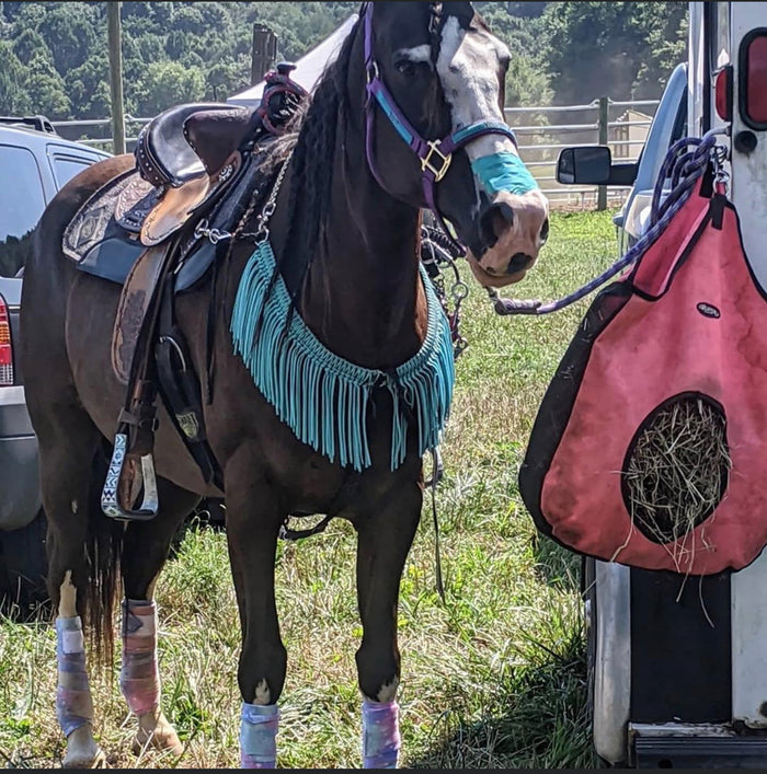 Turquoise and Black fringe breast collar with wither strap - Tiffanys Braided Tack LLC