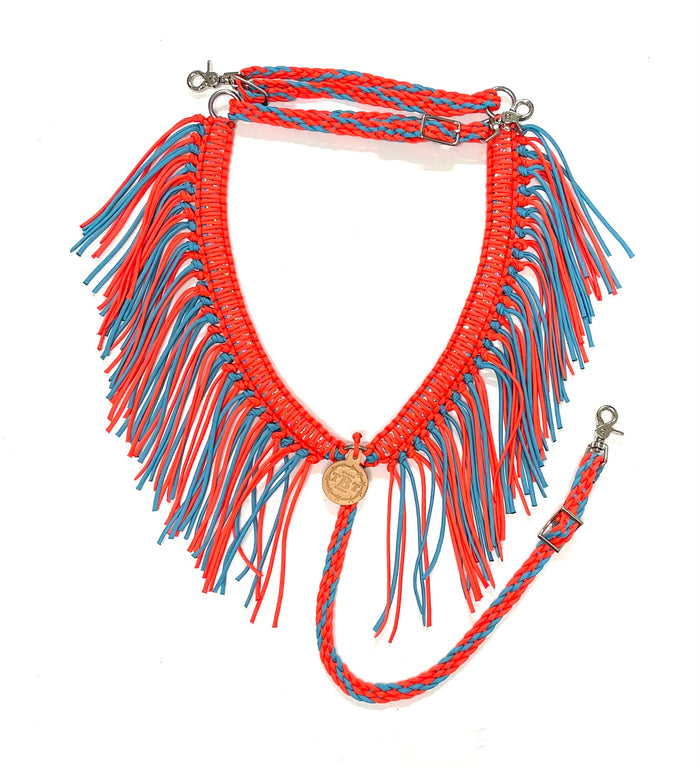 Turquoise and orange fringe breast collar...all sizes. - Tiffanys Braided Tack LLC