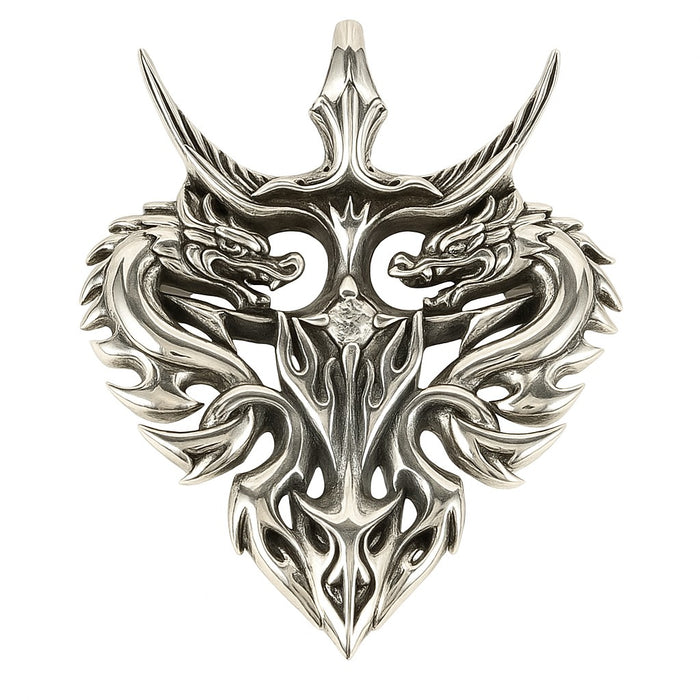 A front view of the handcrafted twin guardian dragon pendant in solid 925 silver.