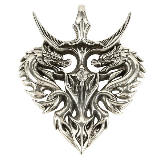 A front view of the handcrafted twin guardian dragon pendant in solid 925 silver.