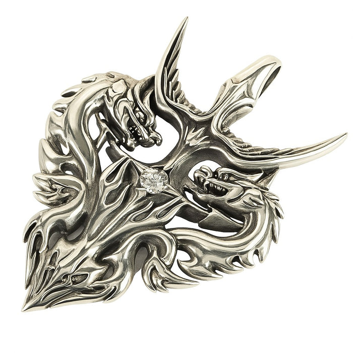 An angled view of the gothic dragon pendant, showing the clear CZ centerpiece.
