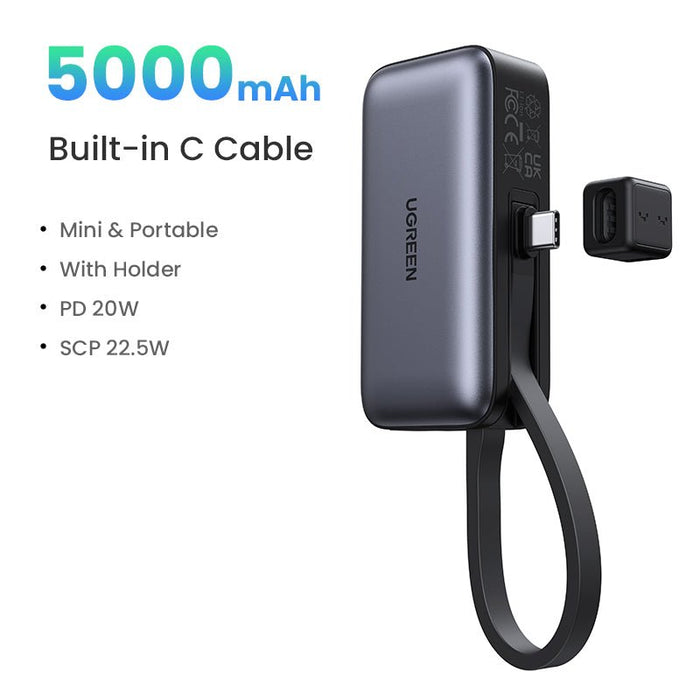 UGREEN Mini Power Bank 5000mAh 22.5W with Built-in Cable
