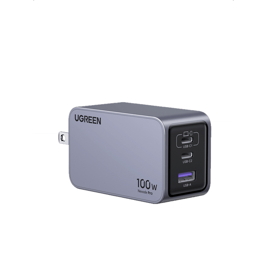 UGREEN 100w Nexode Pro charger in a sleek gray color, featuring a USB-A port and two USB-C ports (USB-C1 and USB-C2).
