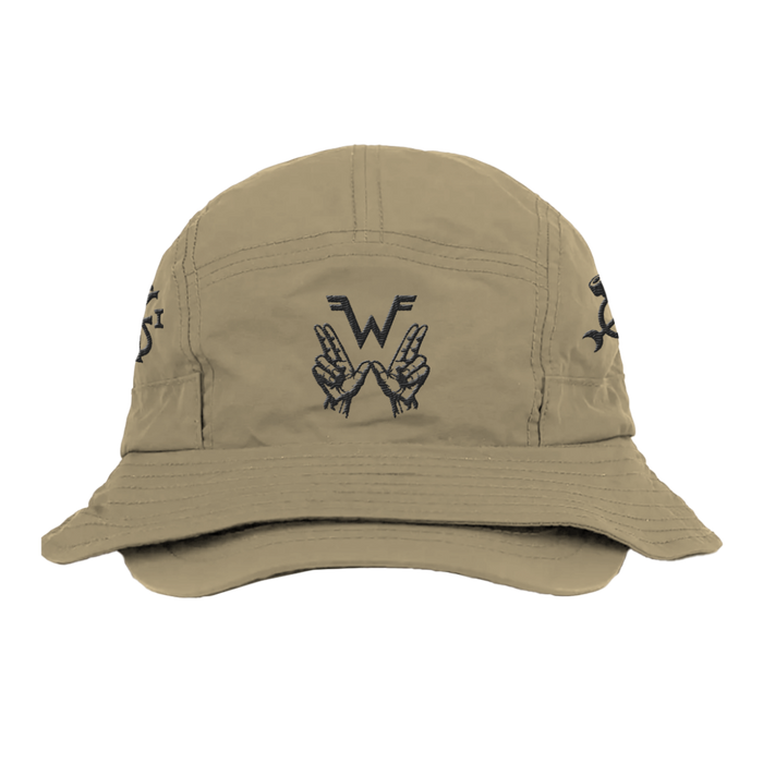 Beige four symbols bucket brim hat with black embroidered peace sign hands and wf logo uniform WZR.H01 design