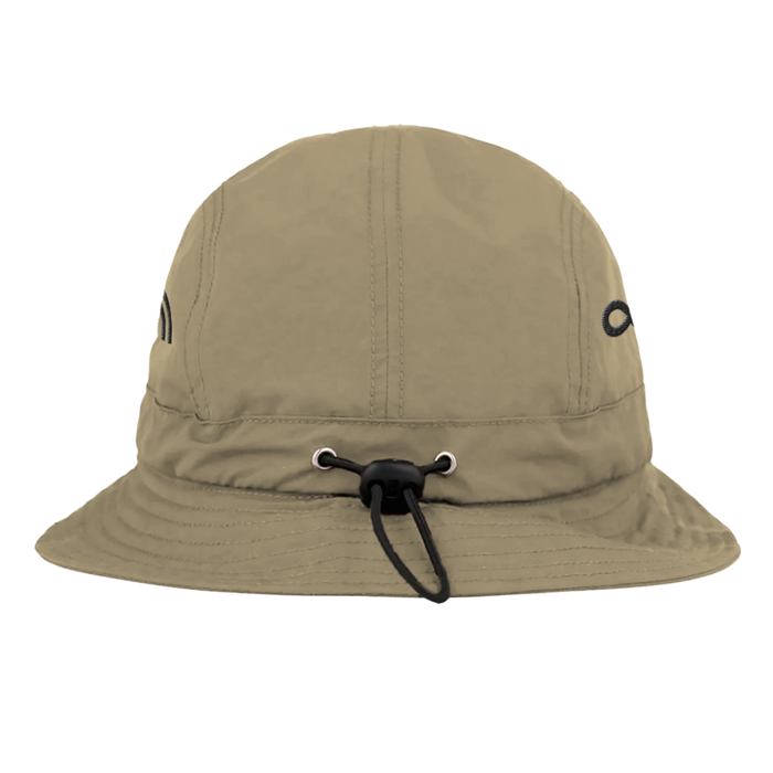 Beige bucket brim hat with black drawstring and subtle embroidered logo on each side from four symbols bucket collection