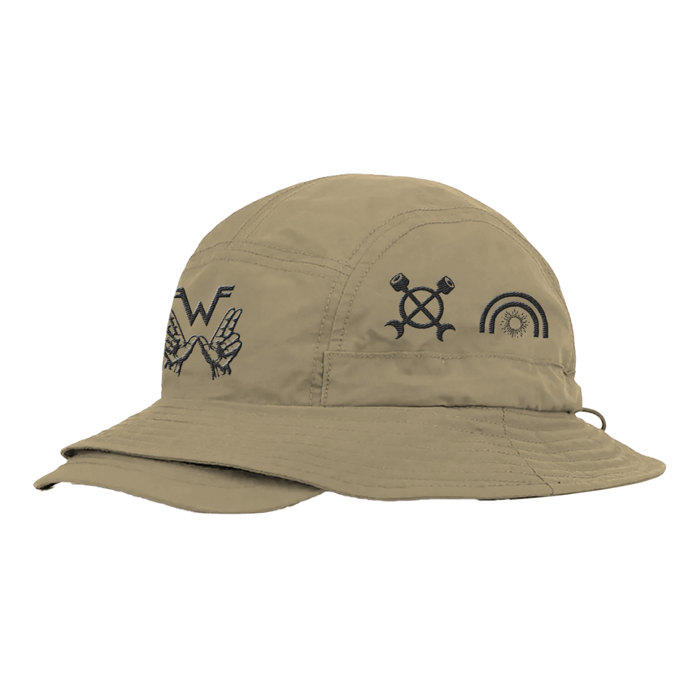 Beige four symbols bucket brim hat with black embroidered logos front design uniform WZR.H01 style