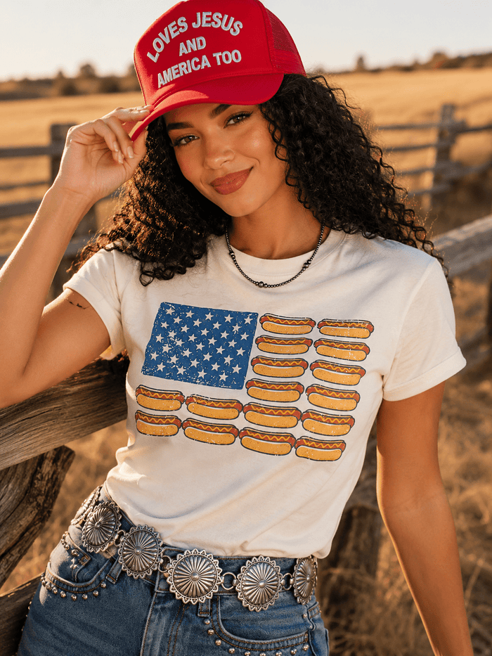 USA Hot Dog Flag Graphic TeeWhiteS