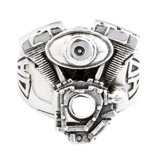 V-Twin motorcycle engine ring in 925 sterling silver showing detailed front view with cylinder fins and air cleaner