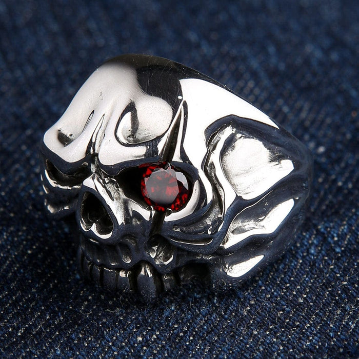 A side profile of the heavy 23-gram silver skull ring, showing its polished finish and thick band.