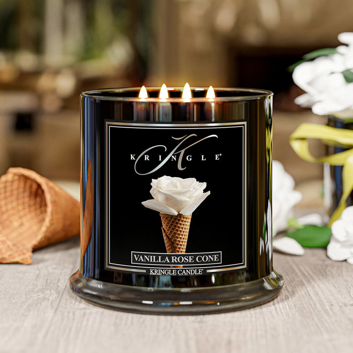 Vanilla Rose Cone 4-wick lit candle from Kringle Candle Reserve Collection