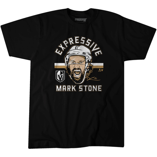 Black Vegas Golden Knights t-shirt with Mark Stone’s face and EXPRESSIVE MARK STONE text