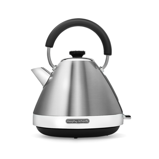 A silver Venture Pyramid Kettle with a stainless steel finish and black handle.