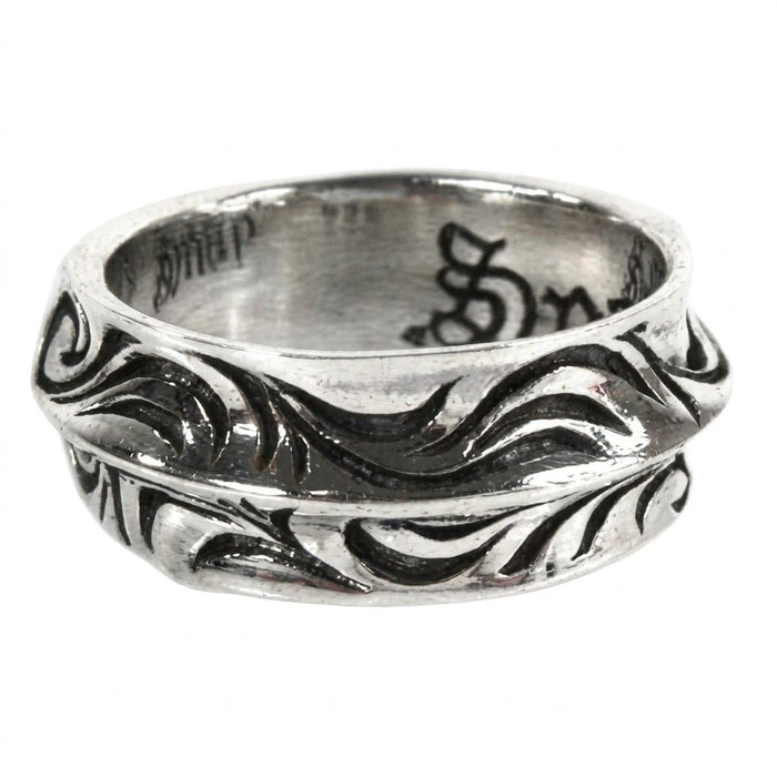 Interior perspective revealing dark stylized engravings and a 925 hallmark inside the polished silver wave band.
