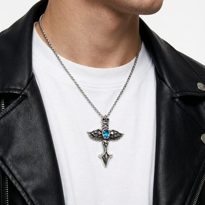 Man wearing Sterling Silver Winged Cross Pendant on a silver chain