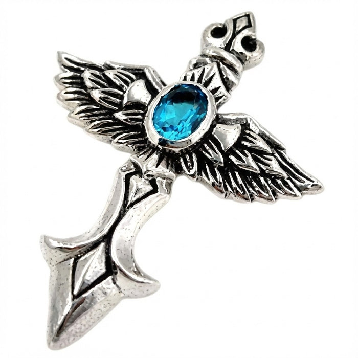Angled view of Sterling Silver Winged Cross Pendant with Blue Topaz center
