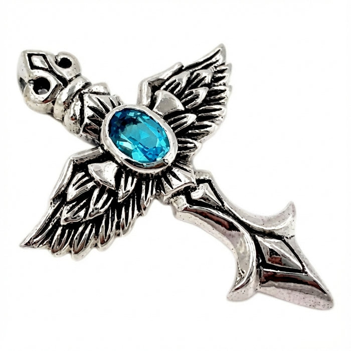 Detailed side angle showing feather texture and blue stone setting