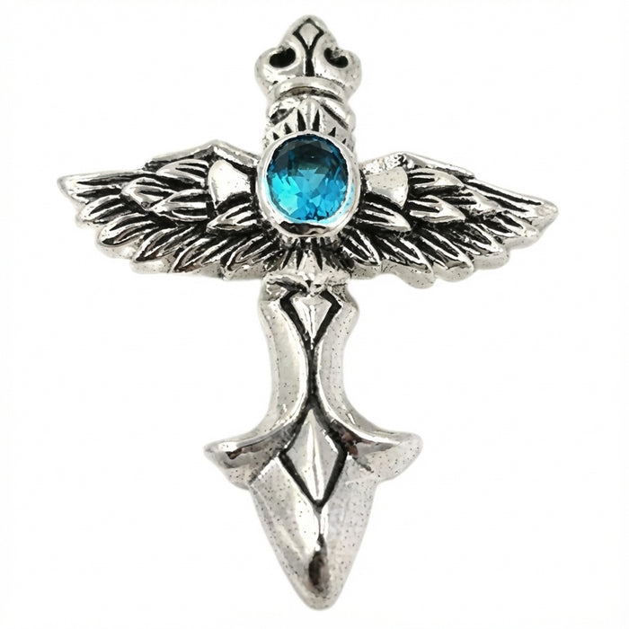 Full isolated front view of handcrafted silver winged cross charm