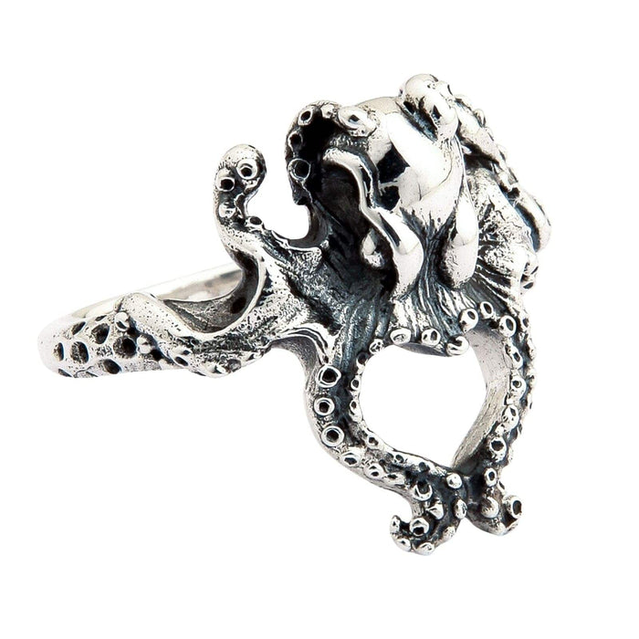 An angled view of the gothic octopus tentacle ring, highlighting the detailed suction cups.