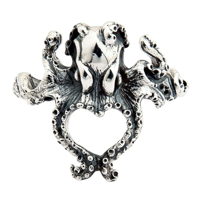 A front view of the women's sterling silver octopus ring, showing the tentacles forming a heart shape.
