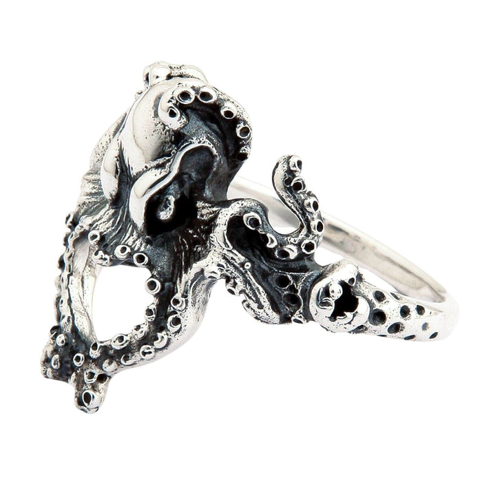 A side profile of the silver nautical promise ring, showing the polished band and tentacle details.